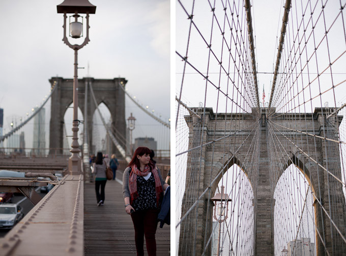 walking across the brooklyn bridge at sunset