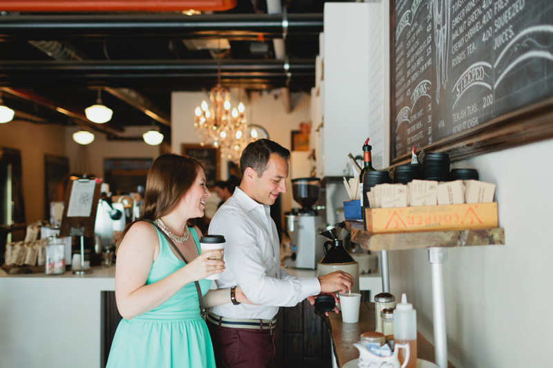 engagement session at a cafe