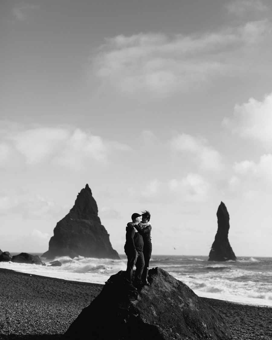 Black sand beach couples photos