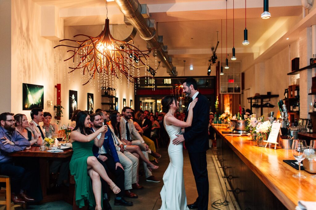 A wedding reception Boehmer restaurant in Toronto; bride and groom dancing